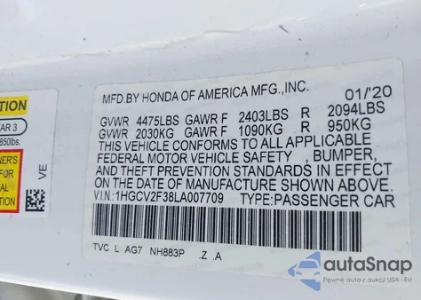 2020 Honda Accord Sport 2.0T from USA, damaged, VIN 1HGCV2F38LA007709